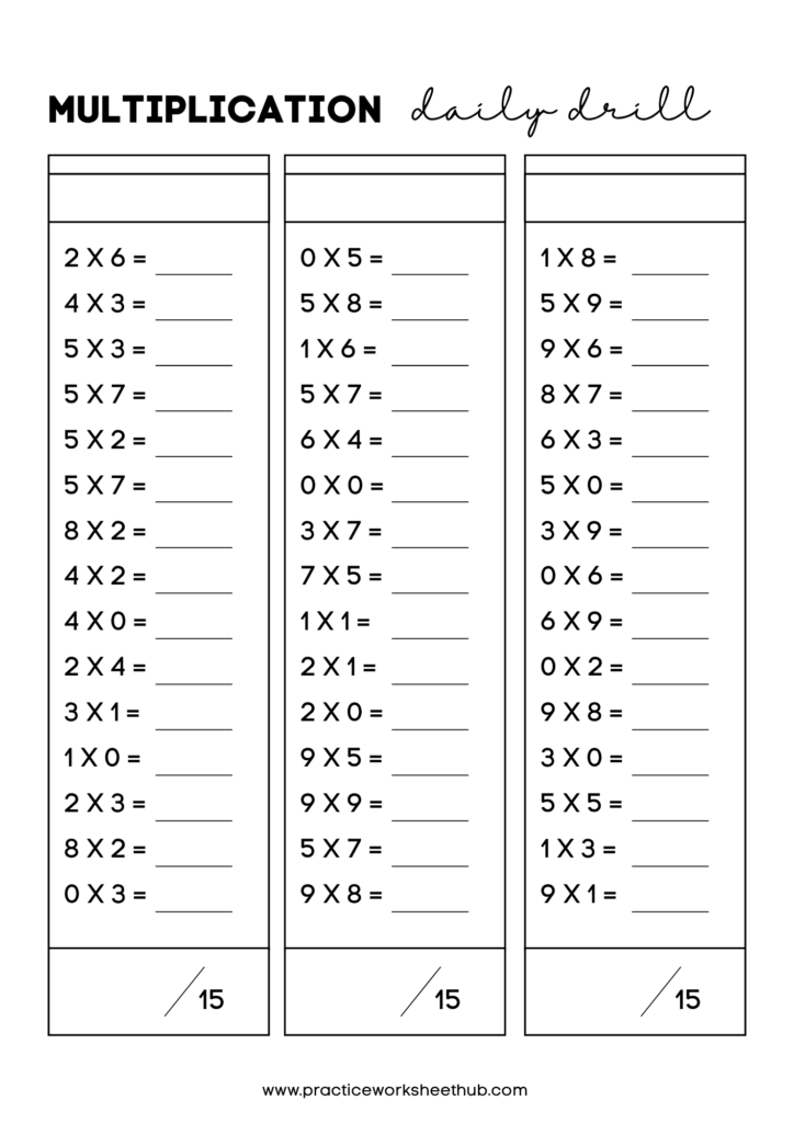 100 pages of Daily drill single digit multiplication